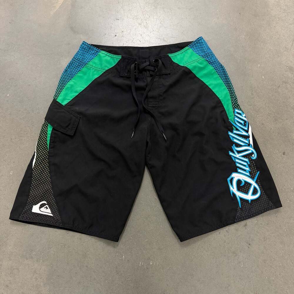 Quiksilver Embroidered Logo Board Shorts Black Green Blue Size 29